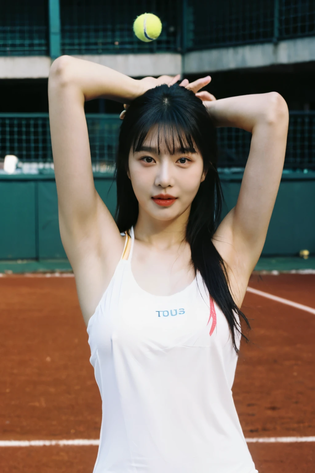 (beautiful korean TOPLESS female idol:1.25), (58 inch breasts size), (fleshy juicy body:1.5), (thick arms:1.5), TOPLESS, REALISTIC NIPPLE, NATURAL BREAST, (holding racket - playing tennis), armpit visible, wearing multicoloured micro sport bra, tennis sneakers, sweating profusely, action-do sports on the tennis court, fullbody shot, bokeh background, professional photograph, award-winning portrait, masterpiece, 8K UHD, high detail full-body view, symmetrical, Nikon D850, 85mm lens, f/1.8, depth of field, full body shot,