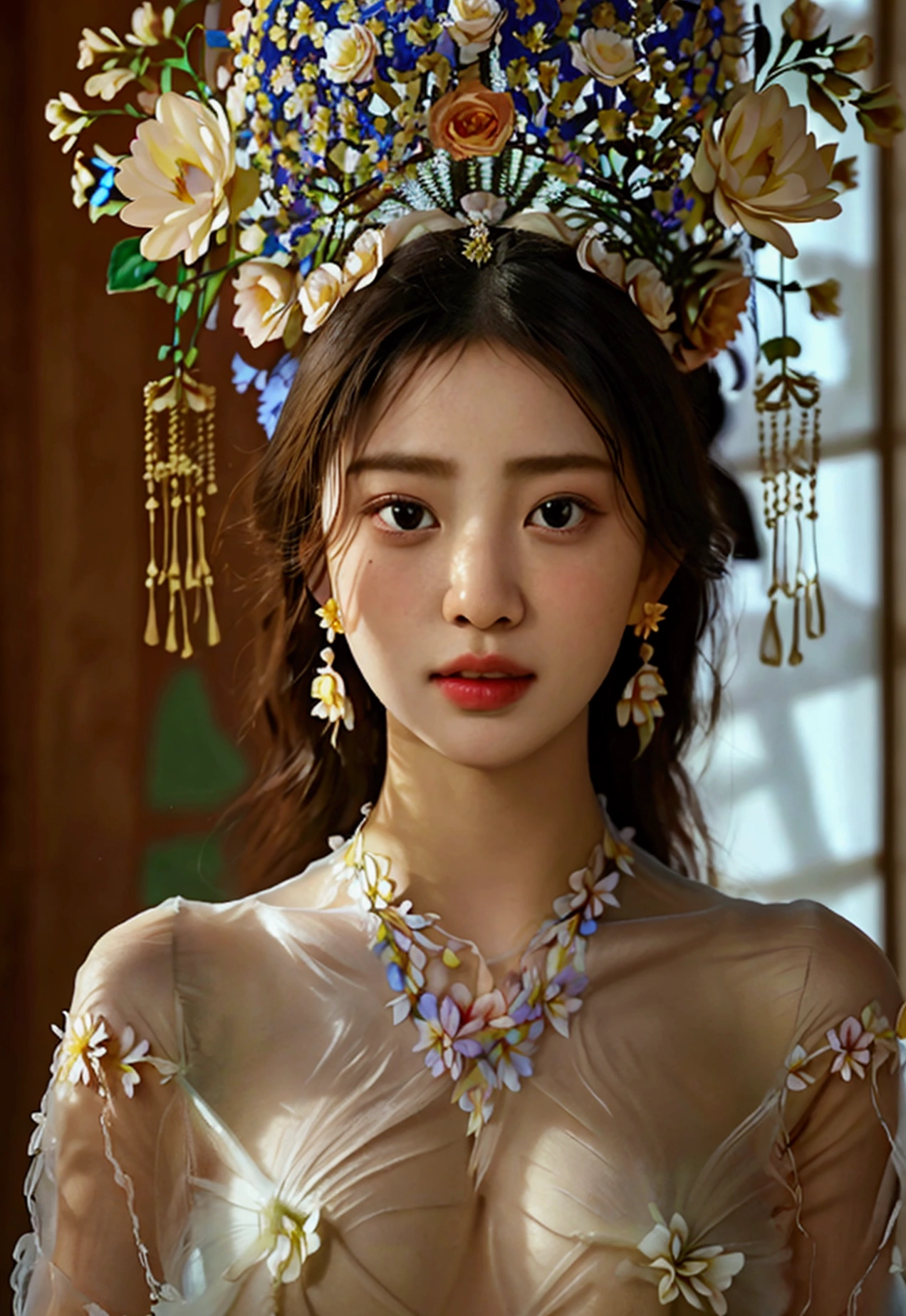 Highest quality, Masterpiece, high resolutionเป็นพิเศษ, (realistic: 1.4) 1 girl, beautiful_face, Fine skin, full body, decorations, alone, palace, queen, earring, (Tuesday: 1.3), Blurry, realistic, lips, สไตล์Dunhuang, (tangled: 1.2), (flower: 1.4), big breasts, The navel is exposed, , ahe-face, painful expression, enjoy, big, armpit, M shaped legs, open legs, camel toe, Barefoot, Barefoot, Barefoot, Highest quality, Masterpiece, Highly detailed, high resolution, 8ก, complicated details, realistic, realistic, incredible light, Partially hidden 1 girl, Dunhuang_clothes, Dunhuang_set, clothes, (see through: 1.3), Through a thin curtain, glance at chest, Create an attractive and suggestive effect., Lets you see her skin and breast shape.