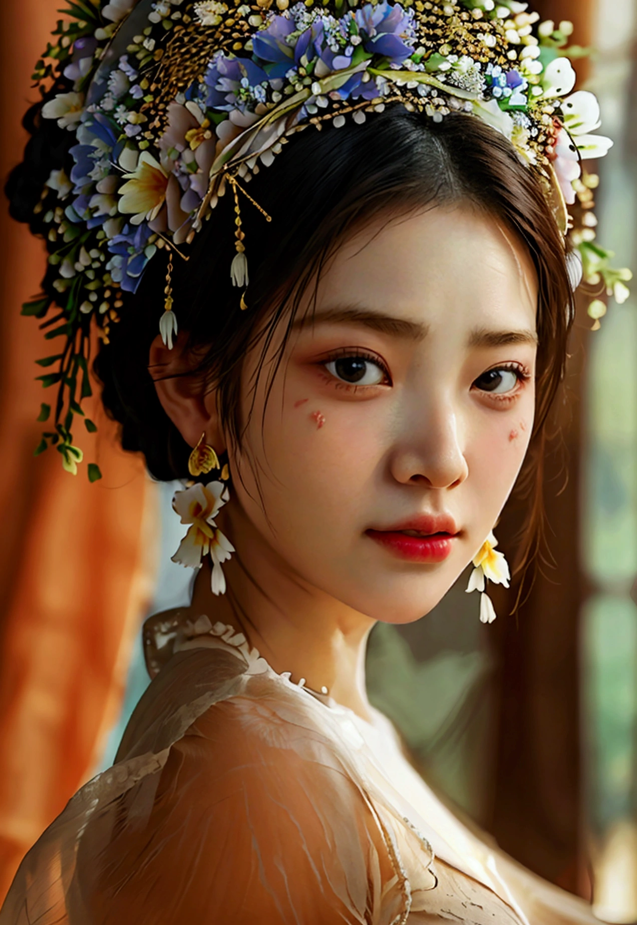 Highest quality, Masterpiece, high resolutionเป็นพิเศษ, (realistic: 1.4) 1 girl, beautiful_face, Fine skin, full body, decorations, alone, palace, queen, earring, (Tuesday: 1.3), Blurry, realistic, lips, สไตล์Dunhuang, (tangled: 1.2), (flower: 1.4), big breasts, The navel is exposed, , ahe-face, painful expression, enjoy, big, armpit, M shaped legs, open legs, camel toe, Barefoot, Barefoot, Barefoot, Highest quality, Masterpiece, Highly detailed, high resolution, 8ก, complicated details, realistic, realistic, incredible light, Partially hidden 1 girl, Dunhuang_clothes, Dunhuang_set, clothes, (see through: 1.3), Through a thin curtain, glance at chest, Create an attractive and suggestive effect., Lets you see her skin and breast shape.