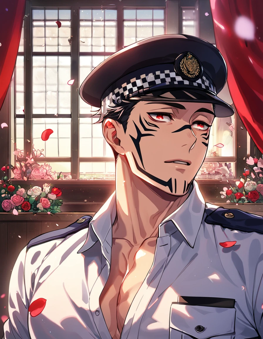 absurdres, highres, ultra detailed, HDR, master piece, best quality, Ryoumen Sukuna, black hair, expressive red eyes, Jujutsu Kaisen, solo, sexy man, handsome, horny, lewd, black police officer clothes, unbuttoned shirt, black hat, close up, fantasy, police station, window, petals, flowers, room, red curtains, Nu Carnival