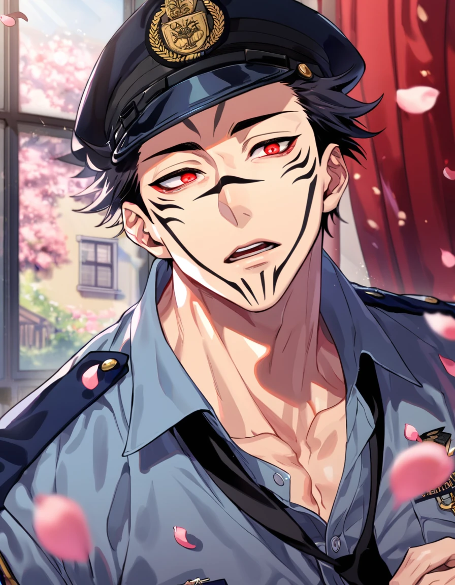 absurdres, highres, ultra detailed, HDR, master piece, best quality, Ryoumen Sukuna, black hair, expressive red eyes, Jujutsu Kaisen, solo, sexy man, handsome, horny, lewd, black police officer clothes, unbuttoned shirt, black hat, close up, fantasy, police station, window, petals, flowers, room, red curtains, Nu Carnival