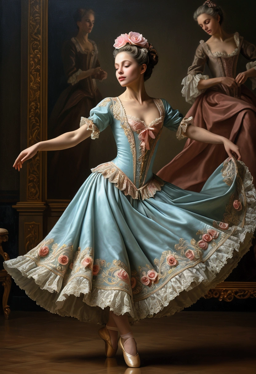 (Ultra-realistic Dancer), rococo style portrait oil painting with elegant and ornate details, pastel colors, captivating chiaroscuro, dynamic movement, (special effects:0.1), full body, award-winning, cinematic still, emotional, vignette, dynamic, vivid, (masterpiece, best quality, photorealistic, Professional, perfect composition, very aesthetic, absurdres, ultra-detailed, intricate details:1.3)