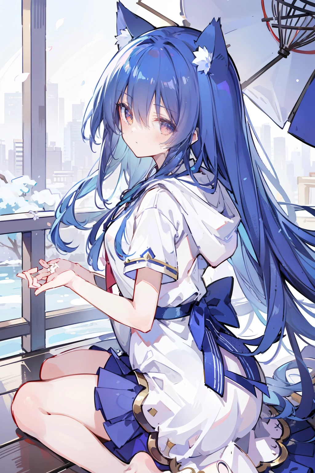 (masterpiece:1.2),Super detailed,lifelike,Expressive eyes,fair skin,perfect face shape,1 girl,
Japanese comics,Gorgeous blue hair,flowing blue hair,flowing clothes,Cat ears,Petals fall,beautiful lola,Baby Angel,
Shaking head with one hand,Cross your legs,Gentle and peaceful background,The pavilion is cool and comfortable,smile, wearing hoodie, background of tokyo,back views,snowing, winter.