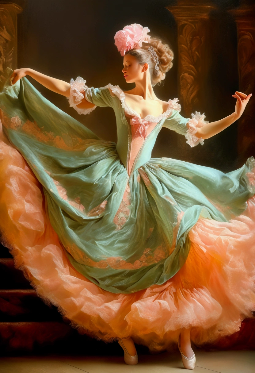 (Ultra-realistic Dancer), rococo style portrait oil painting with elegant and ornate details, pastel colors, captivating chiaroscuro, dynamic movement, (special effects:0.1), full body, award-winning, cinematic still, emotional, vignette, dynamic, vivid, (masterpiece, best quality, photorealistic, Professional, perfect composition, very aesthetic, absurdres, ultra-detailed, intricate details:1.3)