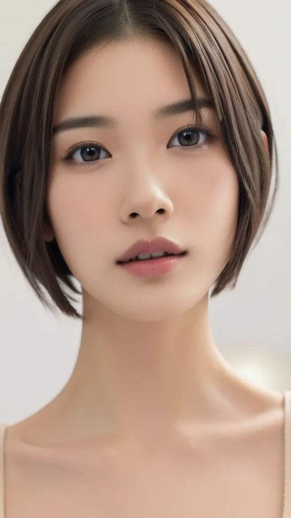 (NSFW), beautiful girl, brown eyes, ((beautiful slim age girl 18 year old, short hair color [Brown highlights hair], [undercut pixie] hair)), ((big tits)), lips, realistic, ((skinny body)), charming, pink lipstick, colorful makeup, long eyelashes, wearing eyeliner, fair skin, (cute), (detailed face), detailed eyes, detailed iris, complete naked, complete closed mouth, full body, 