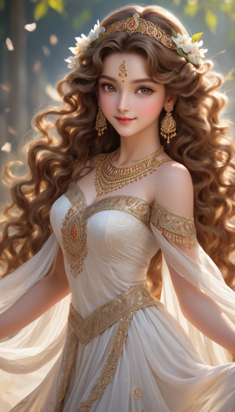 Highest quality，masterpiece，one，16 years old，Long flaxen hair，Jewelry，Hair is slightly curly，Brown curly hair，Intricate dress long dress，Exquisite hair carving，Almond Eyes，Exquisite facial features，India，classical，noble，romantic，Delicate，gentle，Smile，Holiness，Sunlight，warmth，White skin，Shari，Sense of Brokenness，cleavage，Standing，Exquisite clothes，Western Regions，There are many skirt patterns，White and tender skin，Dancer，goddess，Gods，Cinnabar mole，India神话，Hairstyle，scarf,
