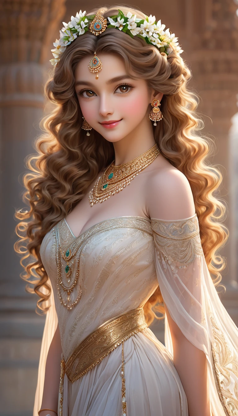 Highest quality，masterpiece，one，16 years old，Long flaxen hair，Jewelry，Hair is slightly curly，Brown curly hair，Intricate dress long dress，Exquisite hair carving，Almond Eyes，Exquisite facial features，India，classical，noble，romantic，Delicate，gentle，Smile，Holiness，Sunlight，warmth，White skin，Shari，Sense of Brokenness，cleavage，Standing，Exquisite clothes，Western Regions，There are many skirt patterns，White and tender skin，Dancer，goddess，Gods，Cinnabar mole，India神话，Hairstyle，scarf,