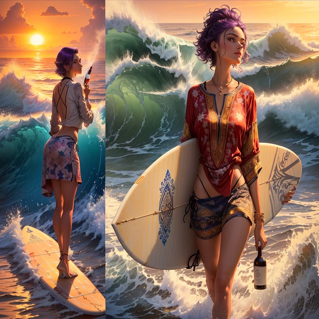Imagine a painting showing a woman surfing on a board amidst the waves. The woman has Moroccan features, wearing a suitable surfing outfit with short swimming trunks and a long shirt in bright colors that match the colors of the waves. Her hair is short and dyed purple at the bottom, and she wears a ring in her nostril. As the strong waves catch the setting sun, the woman holds a bottle of wine in her hand and smokes a thin cigarette, a female cigarette. The board she is standing on stands out as a major element in the scene, emphasizing balance and dynamism.