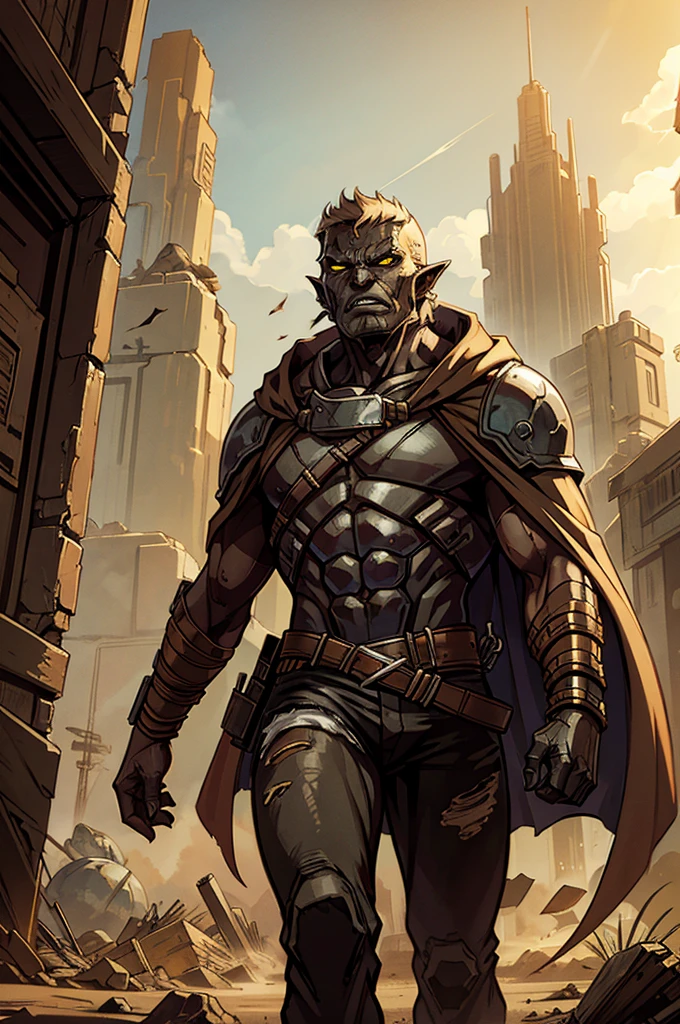 A waist-up shot of an orc runner in a futuristic, cyberpunk suit with a weathered, sand-colored cloak draped over it. The orc’s bare face shows off their powerful features and pronounced lower canines, giving them a fierce, ancient look. The cloak’s edges are ragged and dusty, blending with the harsh desert environment, while the modern attire beneath reveals high-tech elements and gear. The background includes crumbling ruins and scattered debris.