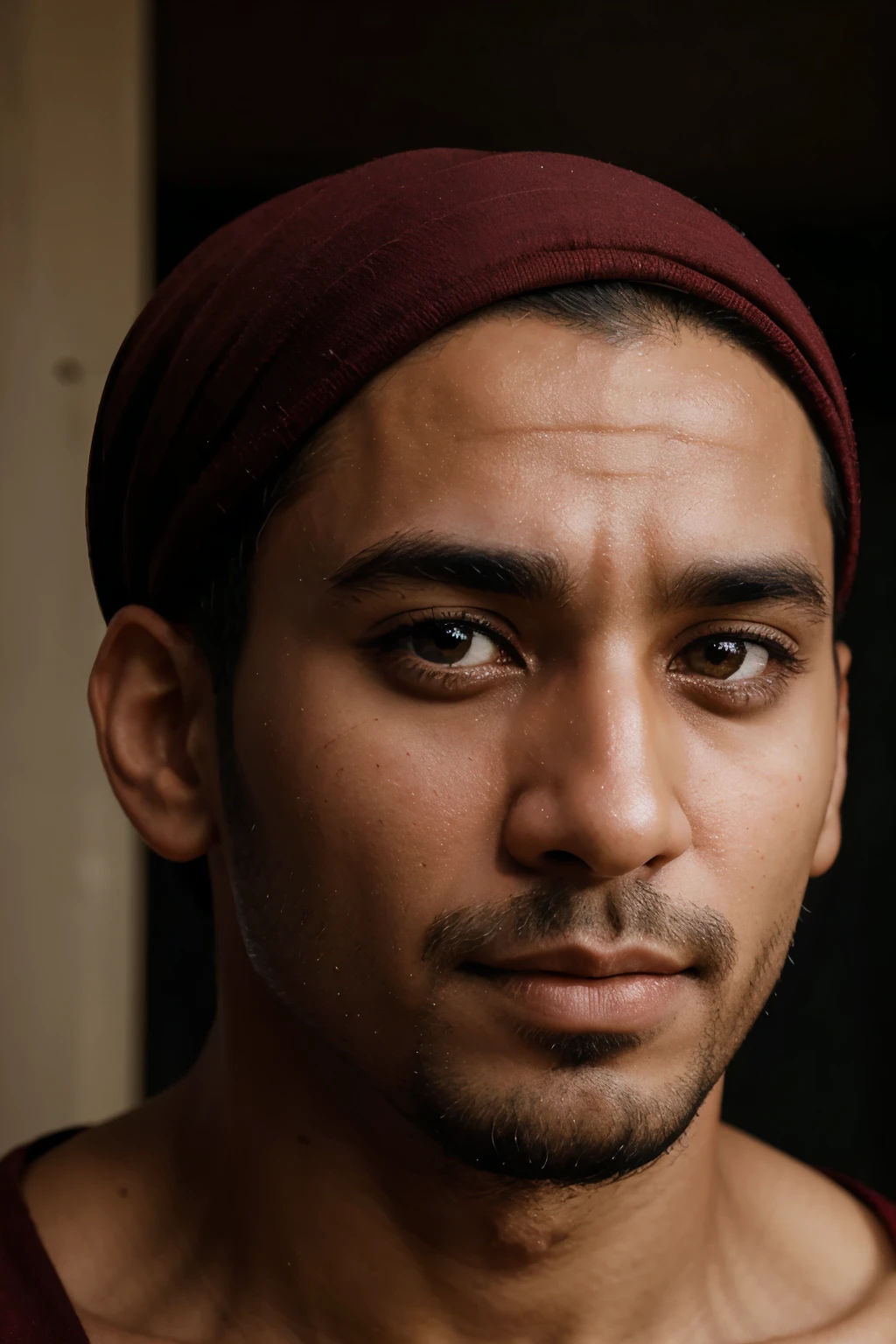 Create a muslim man image who's eyes is binding by red febric.