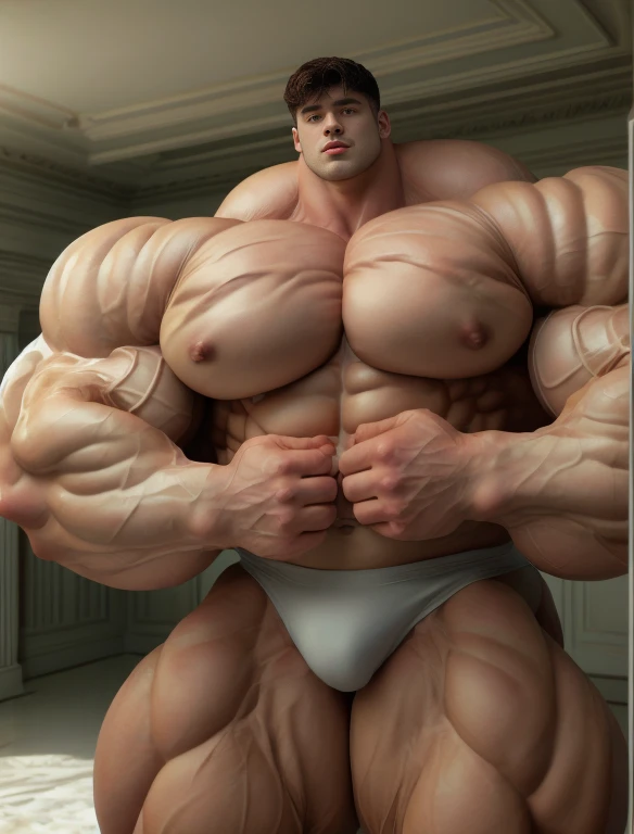 1boy, giant, alone, giant bodybuilder, illuminating light, strong body, bulk, large size, standing in white decoration room, indoor, nude, white triangular underwear, thick bulge, scratch his bulge, extraordinary big, brutalmass, giant muscular body, bulk, buff, massive body, large meaty body size, extremely wide body, hairy body