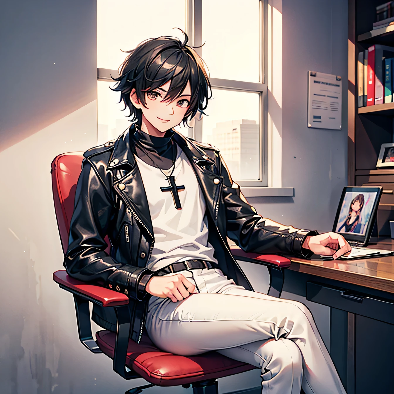 Anime art style,Highest quality,High resolution,Anatomically correct,One Man,Twenty generations,good looking,Spiky hair,Black Hair,Cool smile,A rich expression,Black leather jacket,Red underwear,White trousers,Office,Sit on a chair and cross your legs,Eyes drawn in detail,8k