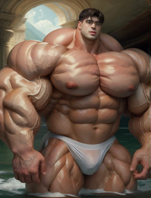 1boy, giant, giant bodybuilder, illuminating light, strong body, bulk, large size, staring, standing, on the ocean, relaxed hand, nude, wet white triangular underwear, prominent bulge, extraordinary big, brutalmass, giant, muscular body, bulk, buff, massive body, large meaty body size, extremely wide body