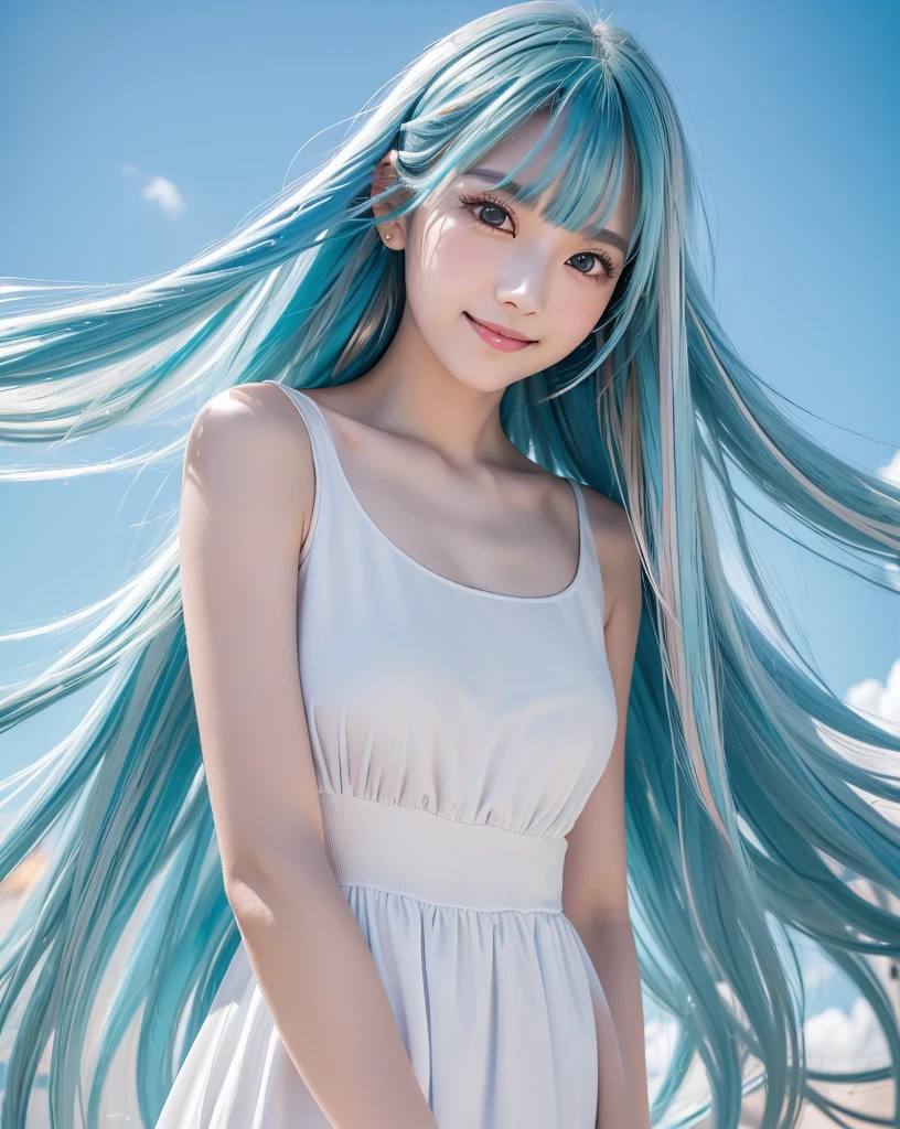 (Highest quality, 32K, High resolution, Masterpiece:1.5), marimo_jet, god々A photograph with brilliant dazzling and healing power., Evoking a sense of calm and elusive beauty, Expressing emotions, Have a rich imagination, Beautiful Japanese Girls, ((Low angle view:1.2)), An exceptionally beautiful face, Small Face Beauty, Perfect Human Anatomy, Magical big eyes, Motherhood and generosity, Deep Love, fleeting smile, ((Shiny light blue hair:1.3)), ((Beautiful long hair swaying in the wind)), Asymmetrical bangs, Hair between the eyes, Transparent, soft white skin, Sharp eyebrows, Thin lashes, Natural Makeup, Cheek highlighter, Pale pink detailed lips, (White dress:1.4), High resolutionの美しい太もも, Beautiful legs, ((Detailed blue sky background:1.3)), Professional photographer, Professional Lighting, Professional models, god秘的