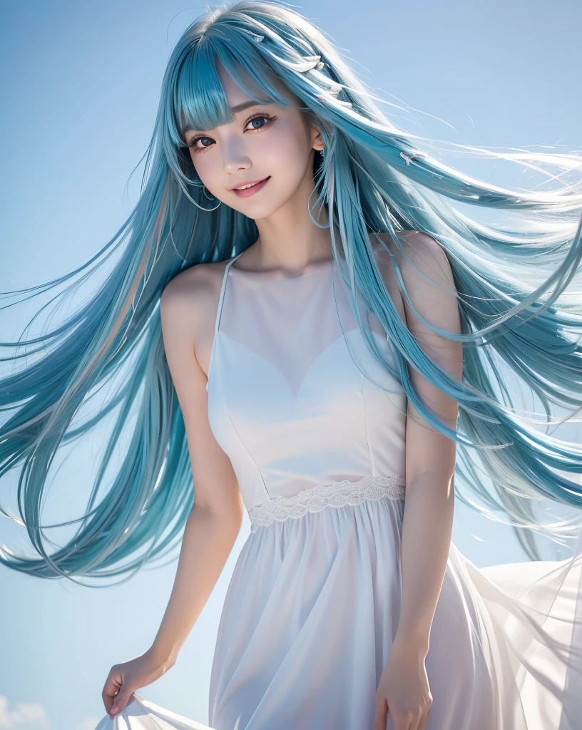 (Highest quality, 32K, High resolution, Masterpiece:1.5), marimo_jet, god々A photograph with brilliant dazzling and healing power., Evoking a sense of calm and elusive beauty, Expressing emotions, Have a rich imagination, Beautiful Japanese Girls, ((Low angle view:1.2)), An exceptionally beautiful face, Small Face Beauty, Perfect Human Anatomy, Magical big eyes, Motherhood and generosity, Deep Love, fleeting smile, ((Shiny light blue hair:1.3)), ((Beautiful long hair swaying in the wind)), Asymmetrical bangs, Hair between the eyes, Transparent, soft white skin, Sharp eyebrows, Thin lashes, Natural Makeup, Cheek highlighter, Pale pink detailed lips, (White dress:1.4), High resolutionの美しい太もも, Beautiful legs, ((Detailed blue sky background:1.3)), Professional photographer, Professional Lighting, Professional models, god秘的