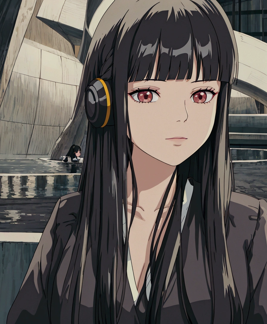 there is a woman with headphones on and a phone in her hand, ulzzang, she has black hair with bangs, neat hair with bangs, with bangs, long hair with bangs, with full bangs, long dark hair with bangs, korean girl, long hair with full bangs, fluffy bangs, center parted bangs, hair blackbangs hair, black wavy hair with bangs