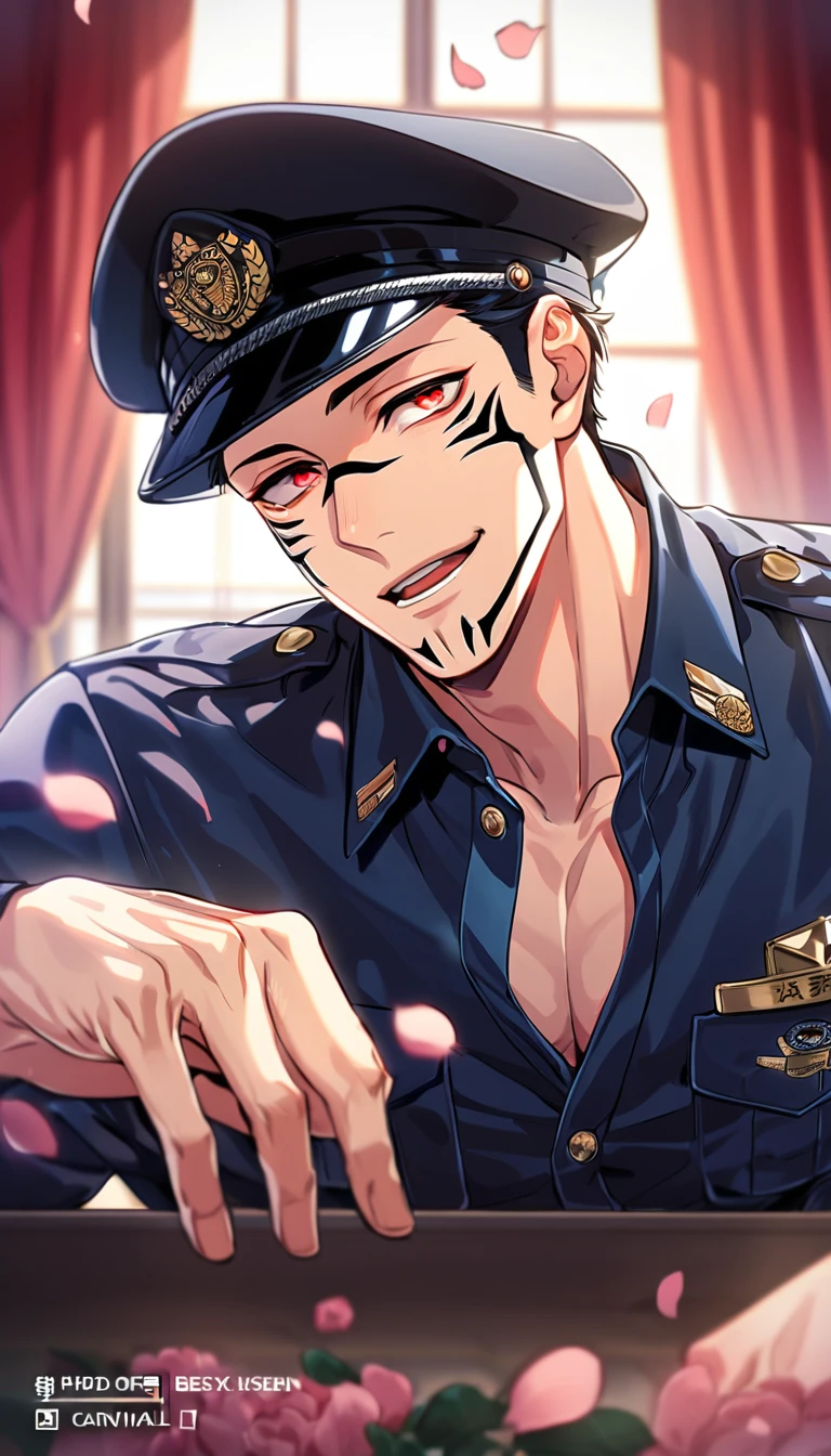 absurdres, highres, ultra detailed, HDR, master piece, best quality, Ryoumen Sukuna, black hair, expressive red eyes, Jujutsu Kaisen, solo, sexy man, handsome, horny, lewd, black police officer clothes, unbuttoned shirt, black hat, close up, fantasy, police station, window, petals, flowers, room, red curtains, Nu Carnival