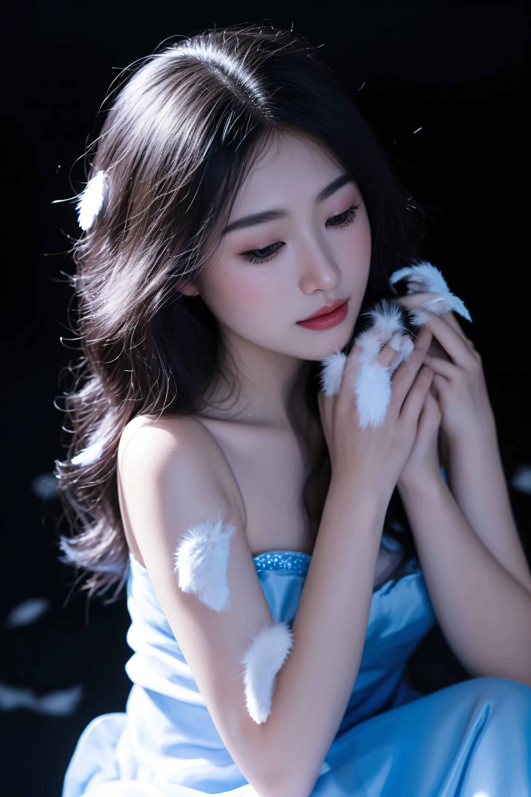 araffe woman in a blue dress holding a white cat, captured on canon eos r 6, taken with canon eos 5 d, photo taken with nikon d750, photo taken with nikon d 7 5 0, taken with canon eos 5 d mark iv, taken with a canon eos 5d, taken with a canon eos 5 d, girl with feathers