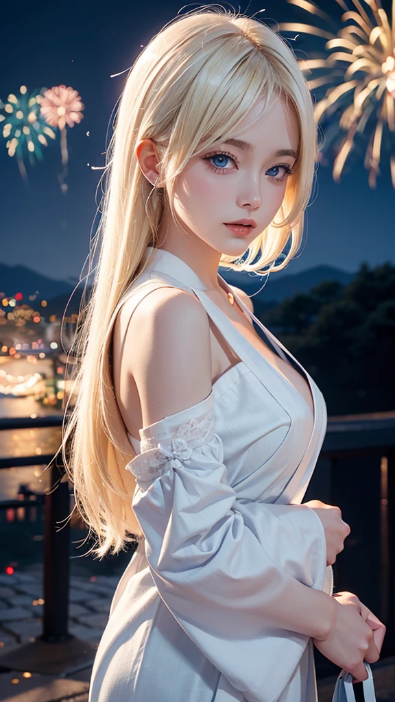 8k,Beautiful woman,White-blonde hair,Blue Eyes,Summer Nights in Japan,firework