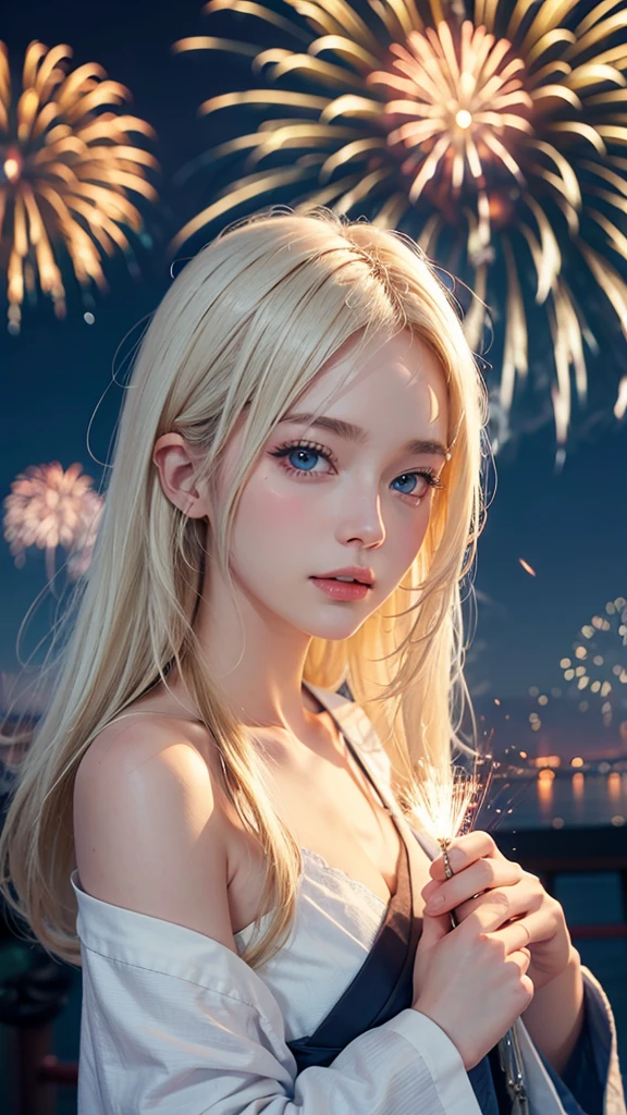 8k,Beautiful woman,White-blonde hair,Blue Eyes,Summer Nights in Japan,firework