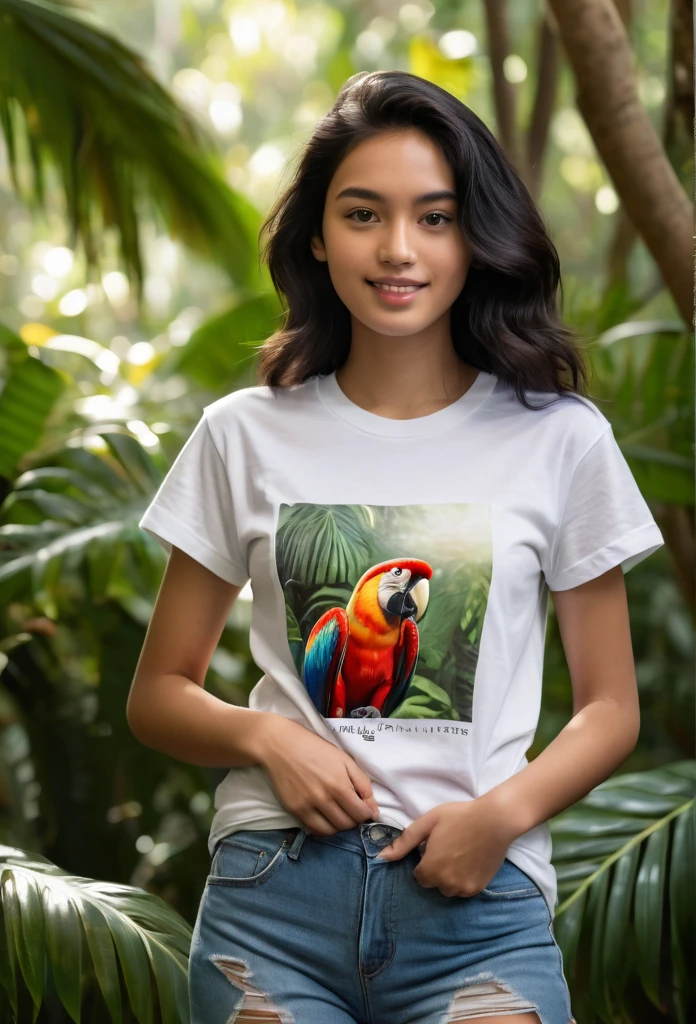 Make a picture of a woman, 18-years old, WAVY BLACK HAIR, lightbrown eyes, with a white baby long t-shirt, from the front pro spectator, with jeans and hands in pockets. In the background a tropical forest, late afternoon light through the trees, realisitic, a red macaw flying