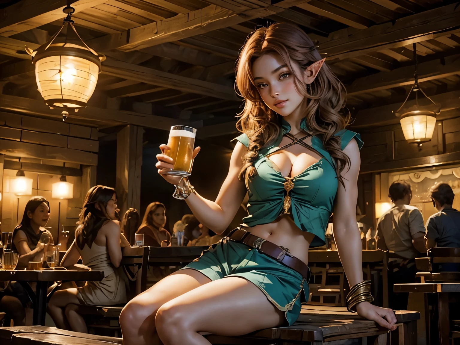 Echo, a 22-year-old half-elf, has caramel skin with a golden glow, thick light chestnut hair with soft waves, and brown eyes with green hues. Her face is oval with soft features and pronounced cheekbones, adding harmony. She has full, attractive lips with a natural blush. Her beauty radiates strength and confidence, and a slight scar over her right eyebrow adds a warrior's touch. Her ears are small, like a human's, but pointed like an elf's. Her physique is athletic, toned, slim, and flexible, with rounded, firm curves.
She wears short, tight-fitting turquoise shorts that highlight her toned legs and firm buttocks. Her light blue shirt is short and lightly buttoned, revealing a bit of cleavage and a part of her midriff.
Echo is sitting in a tavern, holding a mug of beer. She is cheerful and playful, animatedly telling a story with a broad smile on her face. Her posture is relaxed, with one leg crossed over the other, and her free hand gesturing expressively. The tavern is filled with the warm glow of lanterns, wooden tables, and benches, with other patrons enjoying their drinks and conversations in the background. Echo's light chestnut hair is loosely braided, falling over her shoulder as she engages with her audience, her eyes sparkling with mischief and joy.