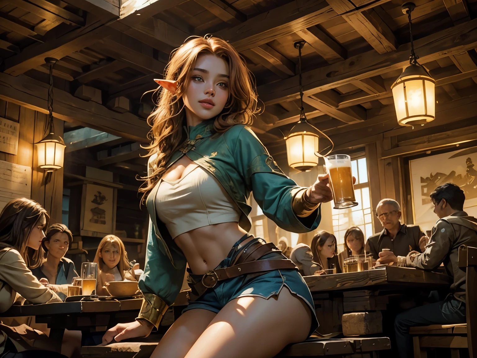 ((masterpiece)), ((best quality)), ((highres)), extremely detailed)), 1 girl as wearing Pocahontas, full body shot, Beautiful Native American woman, mature woman, Big breast, (super realistic), (peerless beauty), detailed skin texture, detailed cloth texture, beautiful detailed face, intricate details, ultra detailed, indigenes feather jewelry, feather headdress, traditional handmade green bra and dress, armed female hunter warrior, (((wild west))) environment, in the bar, look at viewers, smile, holding a glass of beer, ((pour it on your body)), wet cloths:1.3, random angle, ultra realistic, concept art, elegant, ((intricate)), ((highly detailed)), depth of field, ((professionally color graded)), soft ambient lighting, dusk, (Best quality, A high resolution, Photorealistic, primitive, 8K,Masterpiece, ),Best quality, Masterpiec8K.hdr. High ribs:1.2, filmgrain, Blur bokeh:1.2, Lens flare, (vivd colour:1.2), (Delicate),