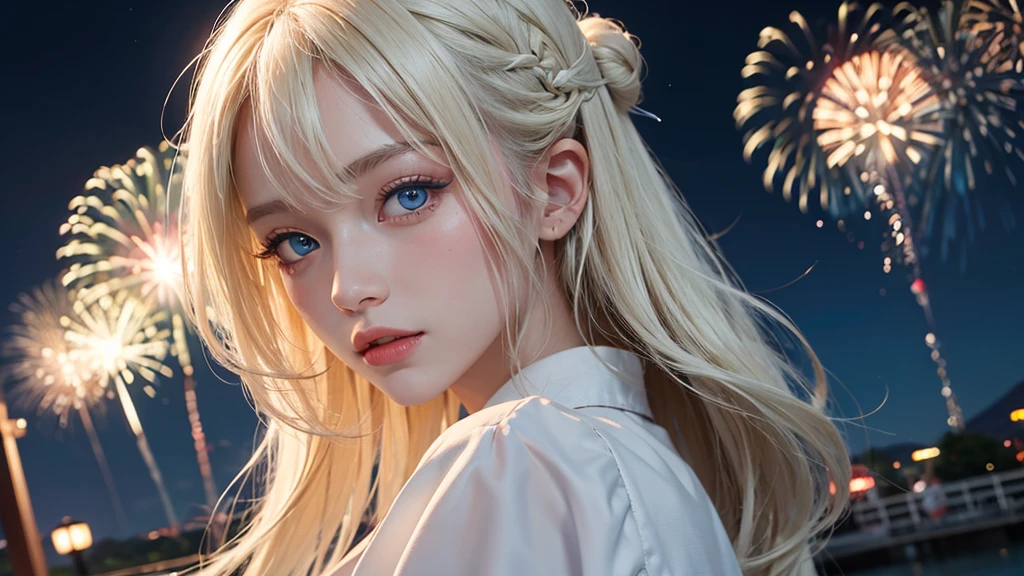 8k,Beautiful woman，White-blonde hair，Blue Eyes，Summer Nights in Japan，firework