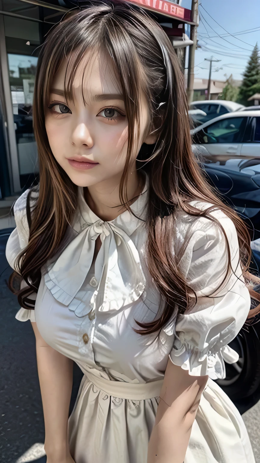 (Realistic、Like a photograph、Live Action、8k, Realistic, RAW Photos, Best image quality: 1.4), Single-lens reflex camera、RAW Photos, Highest quality, Realistic, Highly detailed CG Unity 8k wallpaper, Written boundary depth, Cinematic Light, Lens flare, Ray Tracing, Realistic background、A landmine girl waiting for someone、((Wearing a white blouse:1.4)、((Wear a frilly skirt:1.1)、Large Breasts))、((ultra high density skin))、 1 female,cute Japanese、Standing in front of the station, waiting for someone while looking at his smartphone、The whole body is visible:1.5、Wearing sneakers:1.1、(Long Hair:1.2、My hair flutters in the wind)、stylish ambiance、Very detailed and perfect costume、(White skin)、Precise and beautiful legs:1.1、View from below、Super detailed face