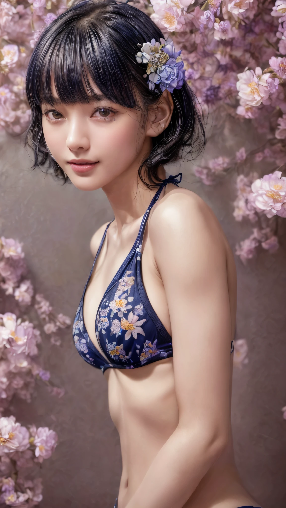 Side view、((Navy blue printed micro bikini))、thin、(((masterpiece, Highest quality)), 1 girl, (Realistic: 1.4), alone, Naval background, Black Hair, ((Blunt bangs))、princess_cut、short hair,smile、 ((whole body)),  Very beautiful woman、Slender women、(Detailed face)、Realistic Skin、((Delicate photo))，(少女masterpieceRAW写真詳細:1.25), (Highest quality:1.6), (Ultra-high resolution:1.5), (Realistic:1.75),8k resolution, ,50mm,Absurd, Very detailed,Cinema Lighting、((((Lots of flowers))))、(((Lots of flower art)))、artwork、art、
