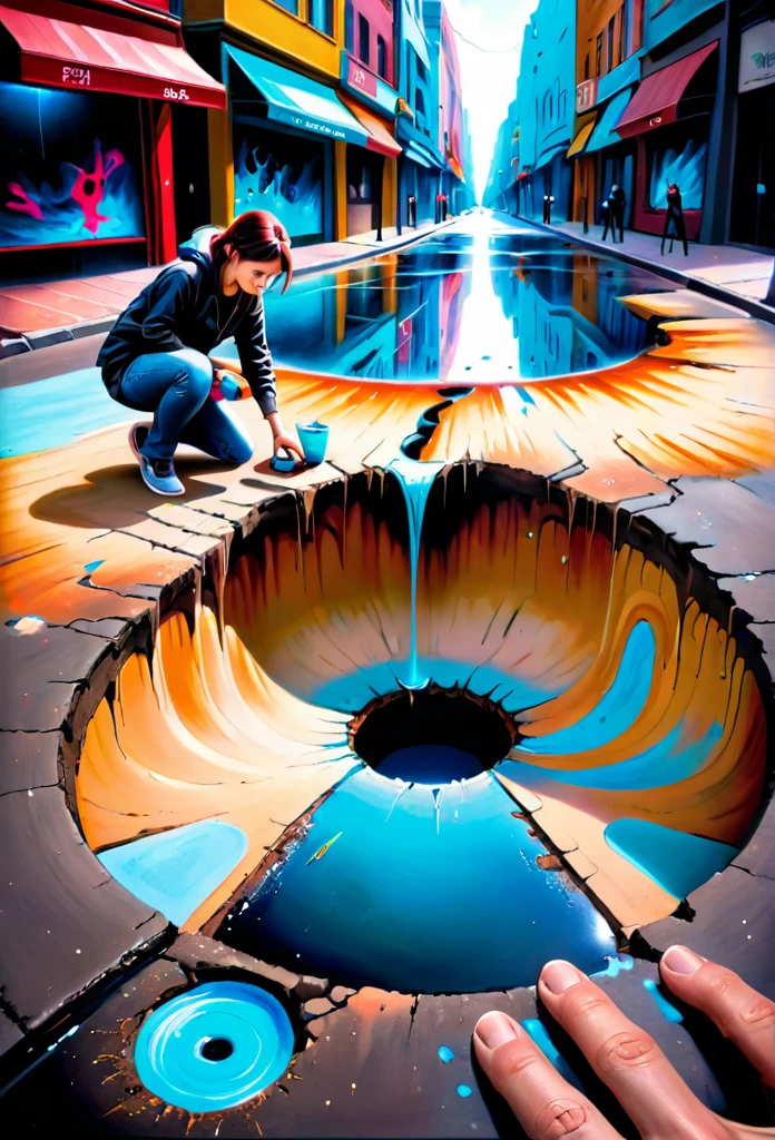a street artist has painted a completely realistic hole full of water in the middle of a street, the artist with chalk in hand is kneeling beside it. Epic cinematic brilliant stunning intricate meticulously detailed dramatic atmospheric maximalist digital matte painting.