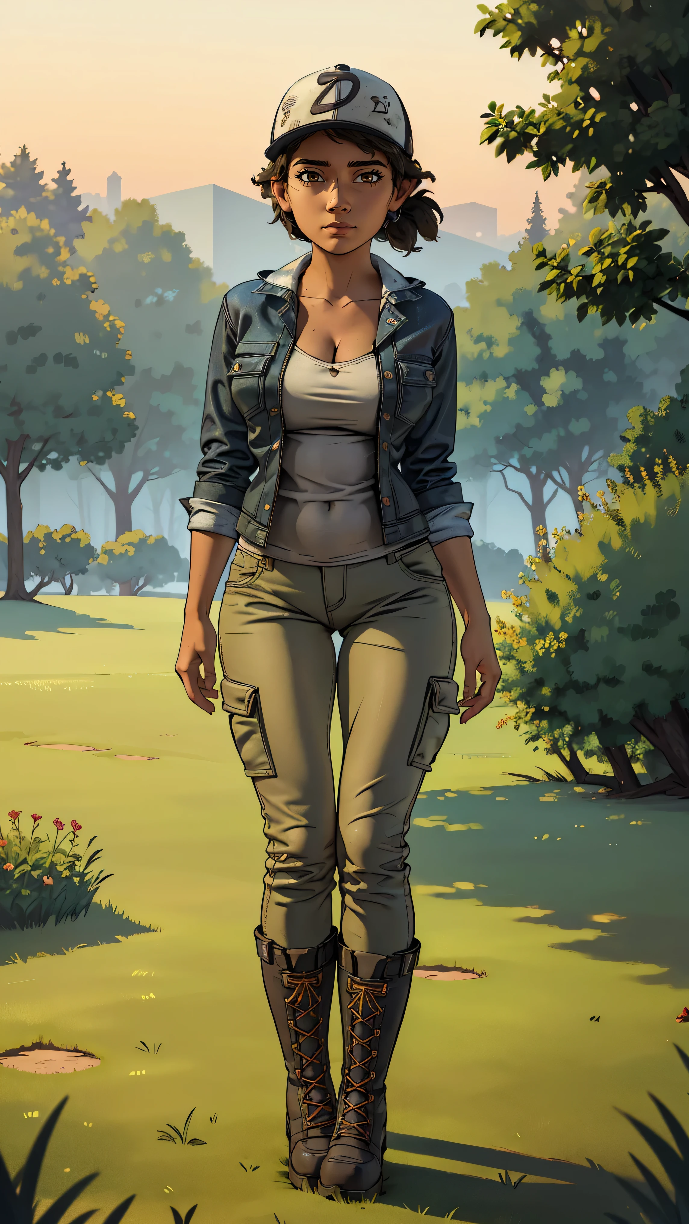 ((masterpiece, best quality)),(complex lighting) ,solo,(((1girl))) ,clementine, light skin,light-skinned female, baseball cap, green cargo pants, brown eyes, tight pants, combat boots, shirt, short hair, one short ponytail, open denim jacket, huge butt, thicc butt, cleavage, (((8k))), (((full body))), (((bent over))), (((looking at the viewer))), (((view from in front of her))), big breasts