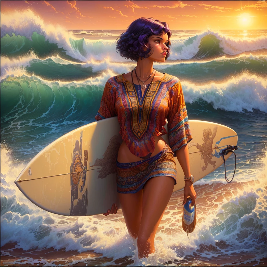 painting of a woman walking on the beach with a surfboard, style of tim hildebrandt, by Tim Hildebrandt, inspired by Tim Hildebrandt, greg hildebrandt highly detailed, casey weldon, lsd waves, by Tim and Greg Hildebrandt, michael cheval (unreal engine, by Greg Hildebrandt, 8 0's style tomasz alen kopera