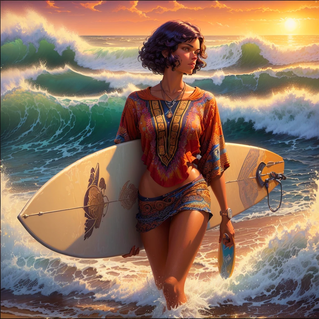 painting of a woman walking on the beach with a surfboard, style of tim hildebrandt, by Tim Hildebrandt, inspired by Tim Hildebrandt, greg hildebrandt highly detailed, casey weldon, lsd waves, by Tim and Greg Hildebrandt, michael cheval (unreal engine, by Greg Hildebrandt, 8 0's style tomasz alen kopera