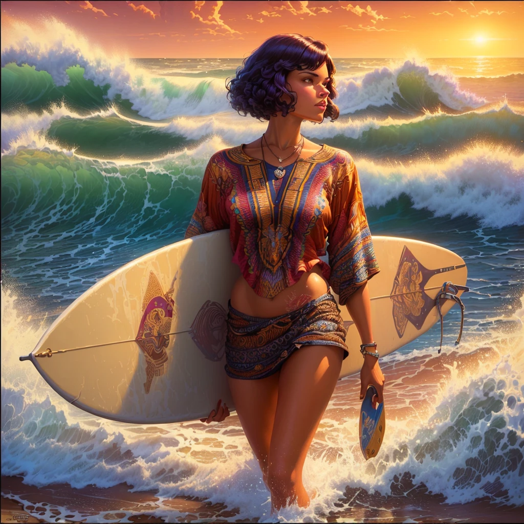painting of a woman walking on the beach with a surfboard, style of tim hildebrandt, by Tim Hildebrandt, inspired by Tim Hildebrandt, greg hildebrandt highly detailed, casey weldon, lsd waves, by Tim and Greg Hildebrandt, michael cheval (unreal engine, by Greg Hildebrandt, 8 0's style tomasz alen kopera