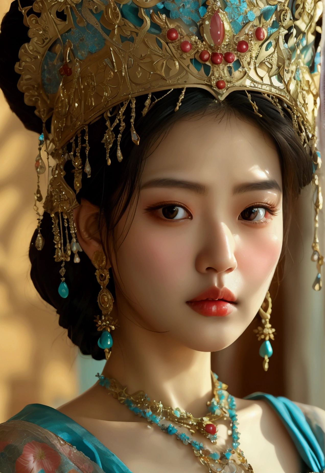 Highest quality, Masterpiece, high resolutionเป็นพิเศษ, (realistic: 1.4) 1 girl, beautiful_face, Fine skin, full body, decorations, alone, palace, queen, earring, (Tuesday: 1.3), Blurry, realistic, lips, สไตล์Dunhuang, (tangled: 1.2), (flower: 1.4), big breasts, The navel is exposed, , ahe-face, painful expression, enjoy, big, armpit, M shaped legs, open legs, camel toe, Barefoot, Barefoot, Barefoot, Highest quality, Masterpiece, Highly detailed, high resolution, 8ก, complicated details, realistic, realistic, incredible light, Partially hidden 1 girl, Dunhuang_clothes, Dunhuang_set, clothes, (see through: 1.3), Through a thin curtain, glance at chest, Create an attractive and suggestive effect., Lets you see her skin and breast shape.