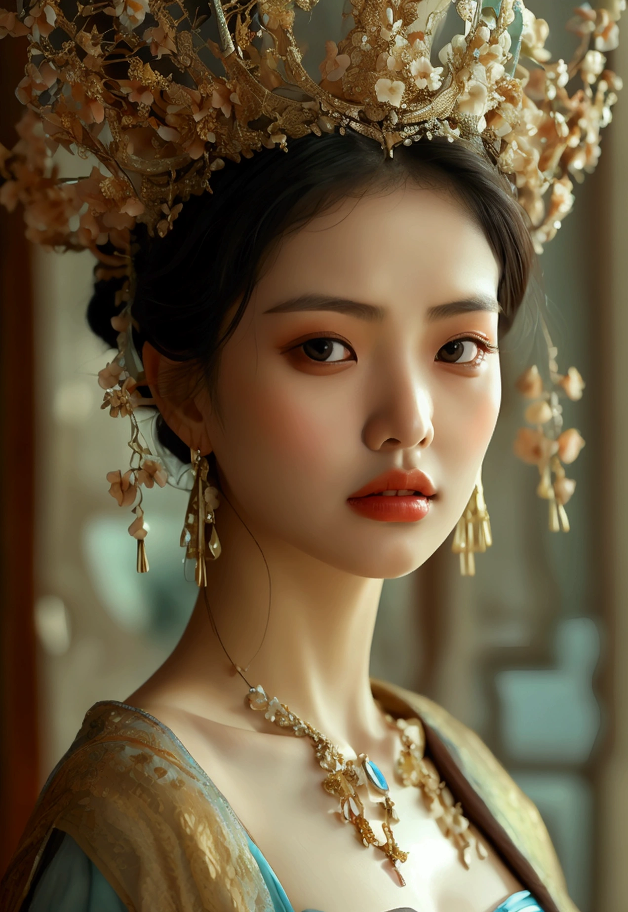 Highest quality, Masterpiece, high resolutionเป็นพิเศษ, (realistic: 1.4) 1 girl, beautiful_face, Fine skin, full body, decorations, alone, palace, queen, earring, (Tuesday: 1.3), Blurry, realistic, lips, สไตล์Dunhuang, (tangled: 1.2), (flower: 1.4), big breasts, The navel is exposed, , ahe-face, painful expression, enjoy, big, armpit, M shaped legs, open legs, camel toe, Barefoot, Barefoot, Barefoot, Highest quality, Masterpiece, Highly detailed, high resolution, 8ก, complicated details, realistic, realistic, incredible light, Partially hidden 1 girl, Dunhuang_clothes, Dunhuang_set, clothes, (see through: 1.3), Through a thin curtain, glance at chest, Create an attractive and suggestive effect., Lets you see her skin and breast shape.