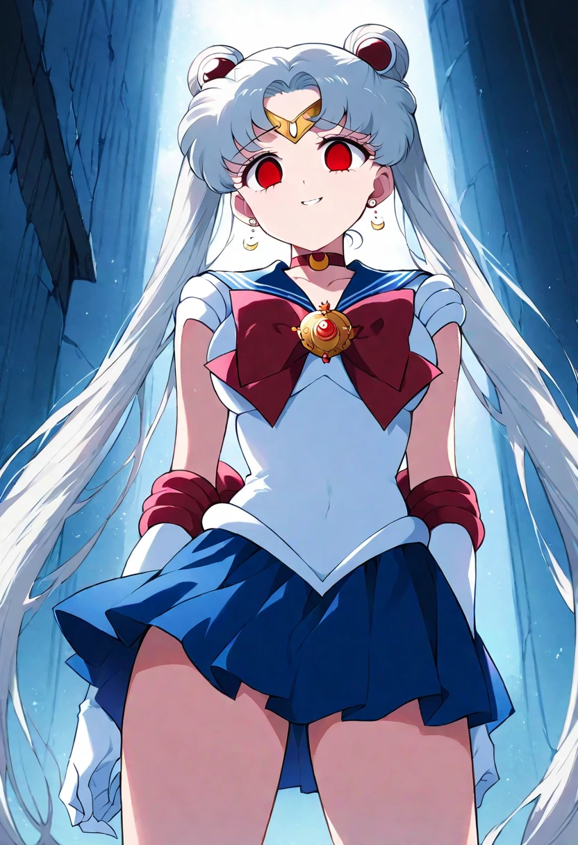 (masterpiece, Highest quality, so beautiful, Super detailed), Intricate details, 12k, Honestly, Long Hair, Double Bang, Twin tails, Parted bangs, tiara, Earrings, red eyes, Red choker, Blue sailor collar, Red Bow, White shirt, Elbow hand pockets, White gloves, Blue Skirt, Are standing, Cowboy Shot,,(evil smile:1.2), 1girl,(Silver Hair:1.4),(empty eyes,:1.4),from below,looking dawn,dark aura,View your viewers