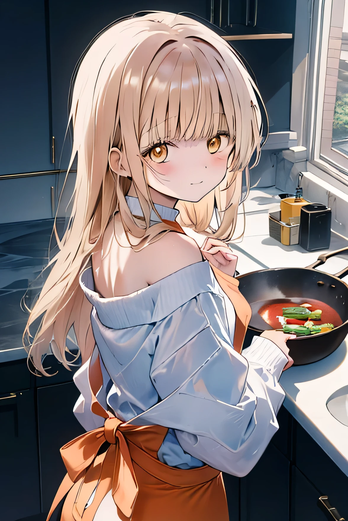 Masterpiece, anime coloring, ultra-detail, 8k, bionde, off-shoulder sweater, jeans, apron、from above、upper body、looking back、light smile、shy、detailed eyes、Long Hair、kitchen、Make a dish,Yellow Eyes、small butt、Are standing、Holding a frying pan