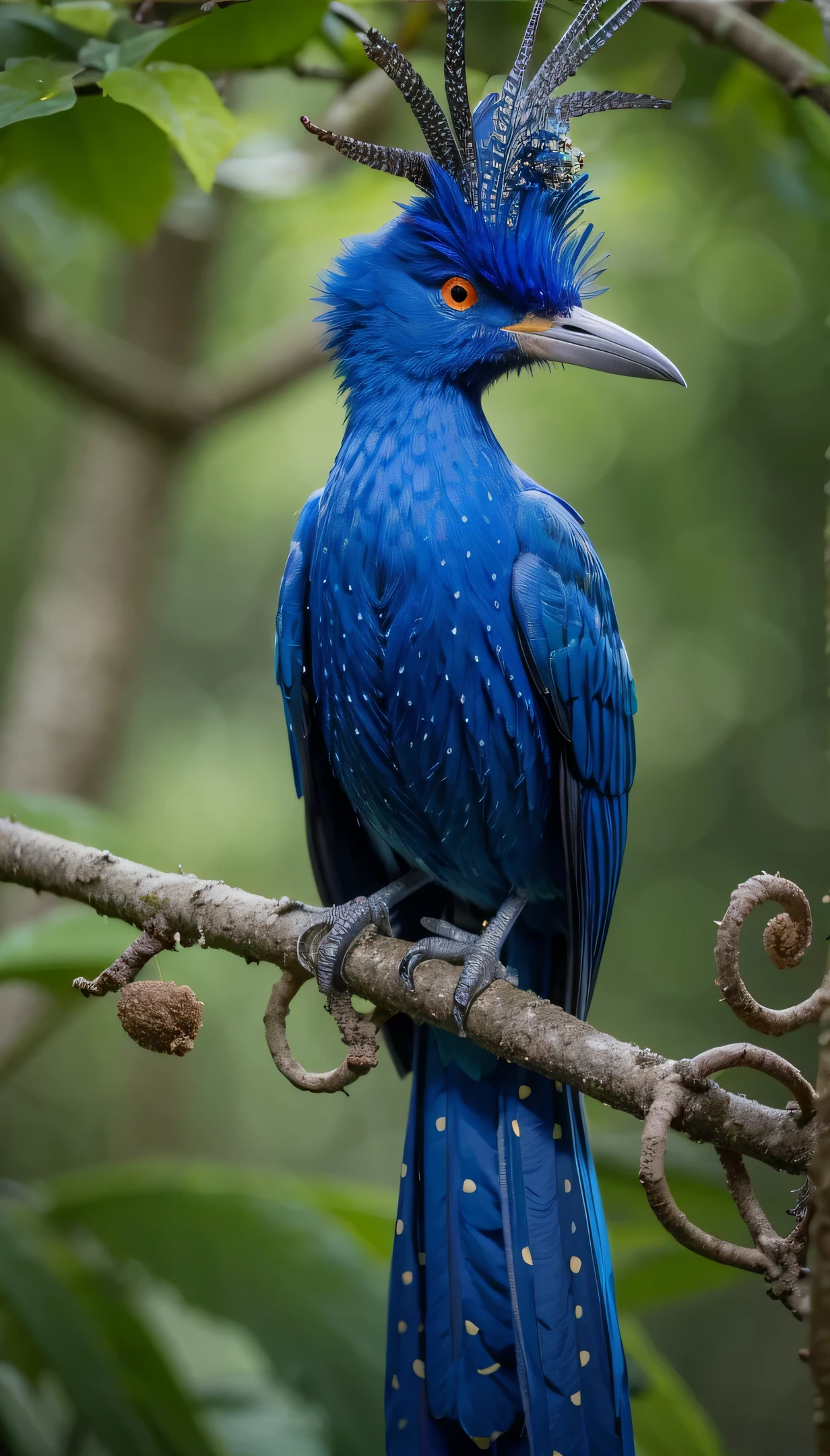 There is a medium-sized bird sitting on a branch, a rare little bird in the jungle, very beautiful and elegant, captured in the eos canon by Sudip Roy. With a mischievous look, sitting on a curly branch, this high-quality nature photograph shows a bright sunset-orange bird sitting on a branch with a background of a waterfall. A surrealistic little bird with a long, slender beak, slim, elongated body, horned, spotted crest, ultra-realistic and highly exotic with royal blue plumage adorned by vibrant emerald green spots, deep purple eyes, broad, golden chest, and a spiky head tuft.