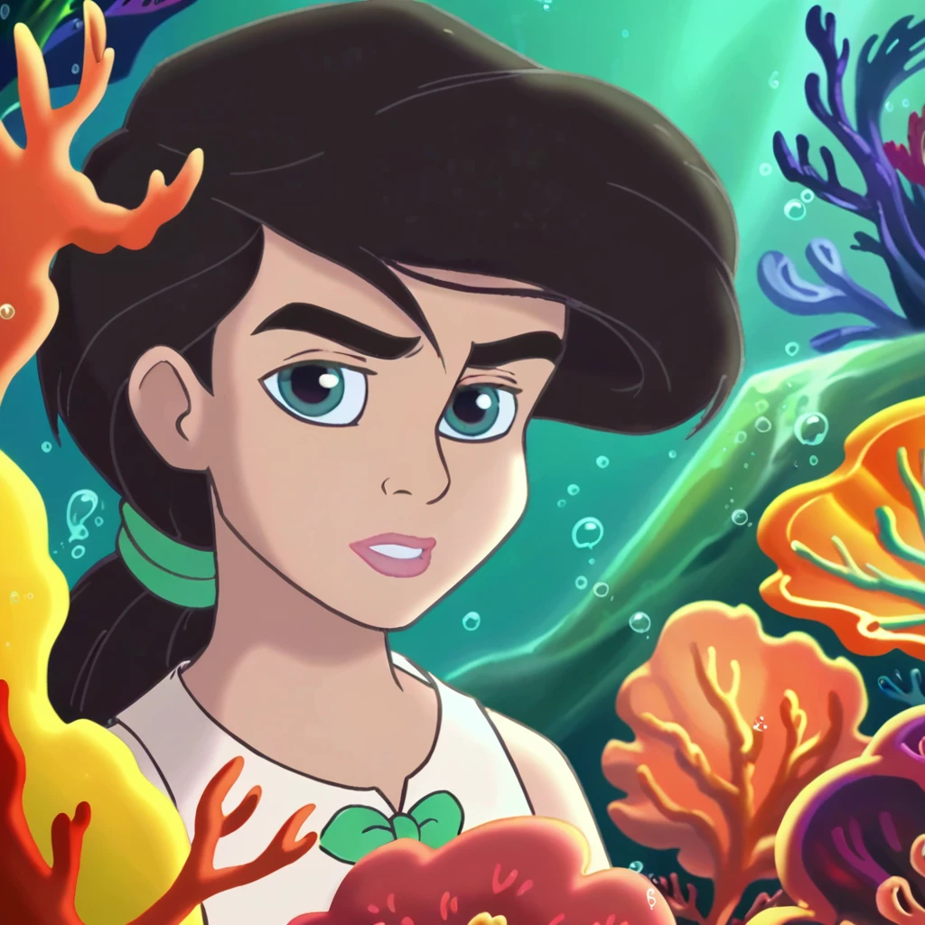 score_9, score_8_up, score_8, volumetric lighting,
melody, black hair, thick eyebrows, low ponytail, green hairtie, 1girl, solo, looking at viewer, underwater, coral, dark, upper body,
