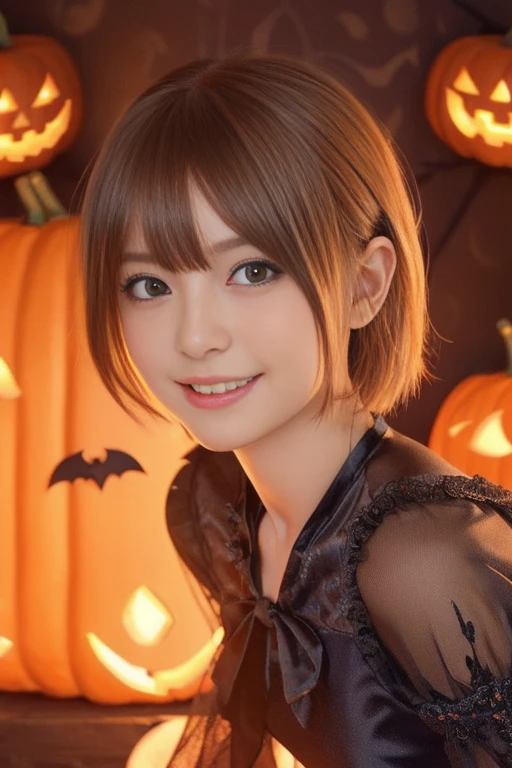 ((from below,upper body),a 25 years old girl, detailed cutie face, beautiful detailed eyes, detailed dropped eyes, beautiful charming smile, extremely detailed face,slender body,short hair,anime style, halloween costume:2.0), Highres fix,colorful lights, pumpkin decorations, haunted house, best quality, 4k, highres, masterpiece, realistic, photorealistic, photo-realistic, vivid colors, intricate details, fantasy, soft lighting, magical