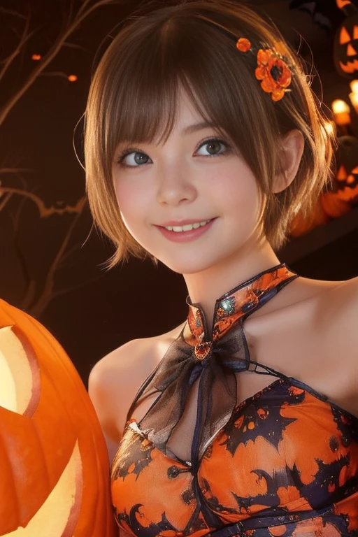 ((from below,upper body),a 25 years old girl, detailed cutie face, beautiful detailed eyes, detailed dropped eyes, beautiful charming smile, extremely detailed face,slender body,short hair,anime style, halloween costume:2.0), Highres fix,colorful lights, pumpkin decorations, haunted house, best quality, 4k, highres, masterpiece, realistic, photorealistic, photo-realistic, vivid colors, intricate details, fantasy, soft lighting, magical