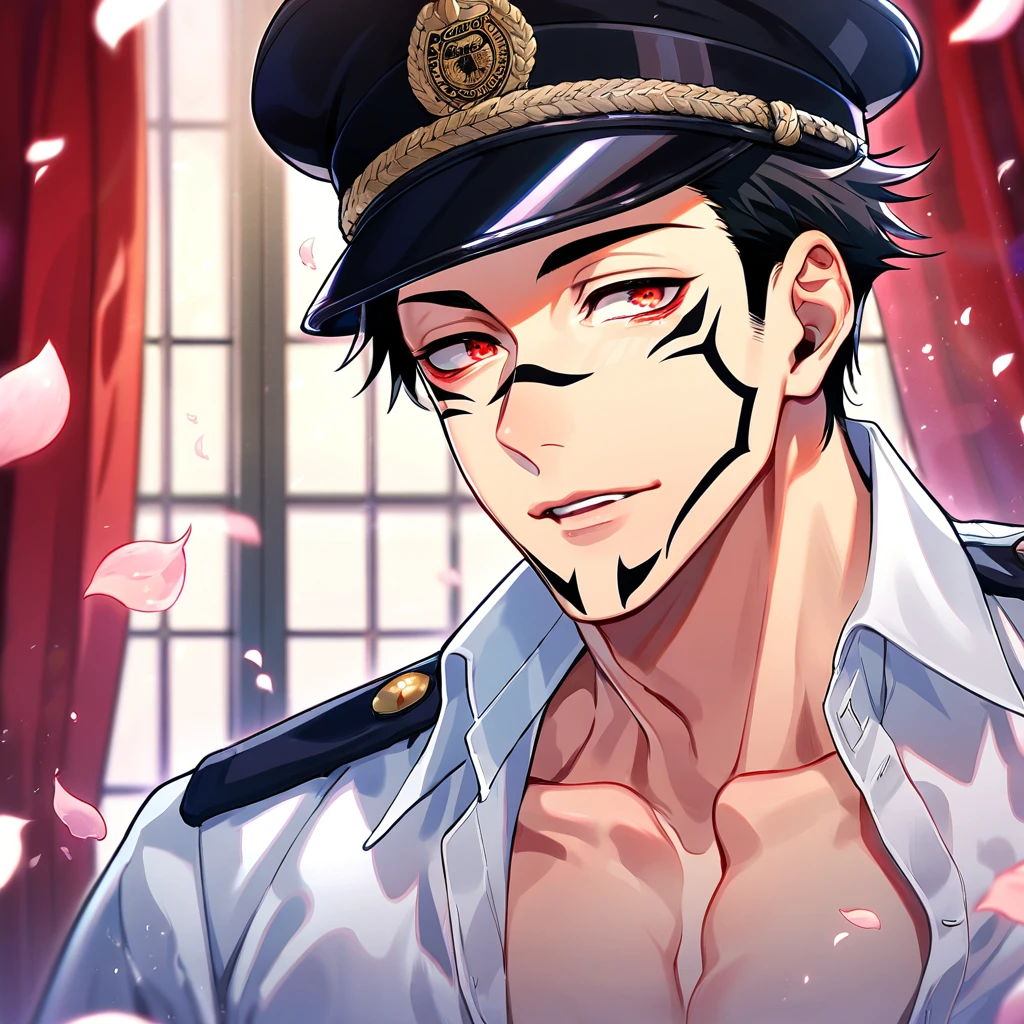 absurdres, highres, ultra detailed, HDR, master piece, best quality, Ryoumen Sukuna, black hair, expressive red eyes, Jujutsu Kaisen, solo, sexy man, handsome, horny, lewd, black police officer clothes, unbuttoned shirt, black hat, close up, fantasy, police station, window, petals, flowers, room, red curtains, Nu Carnival