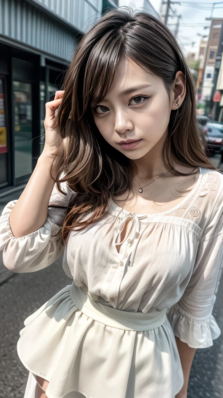 (Realistic、Like a photograph、Live Action、8k, Realistic, RAW Photos, Best image quality: 1.4), Single-lens reflex camera、RAW Photos, Highest quality, Realistic, Highly detailed CG Unity 8k wallpaper, Written boundary depth, Cinematic Light, Lens flare, Ray Tracing, Realistic background、A landmine girl waiting for someone、((Wearing a white blouse:1.4)、((Wear a frilly skirt:1.1)、Large Breasts))、((ultra high density skin))、 1 female,cute Japanese、Standing in front of the station, waiting for someone while looking at his smartphone、The whole body is visible:1.5、Wearing sneakers:1.1、(Long Hair:1.2、My hair flutters in the wind)、stylish ambiance、Very detailed and perfect costume、(White skin)、Precise and beautiful legs:1.1、View from below、Super detailed face