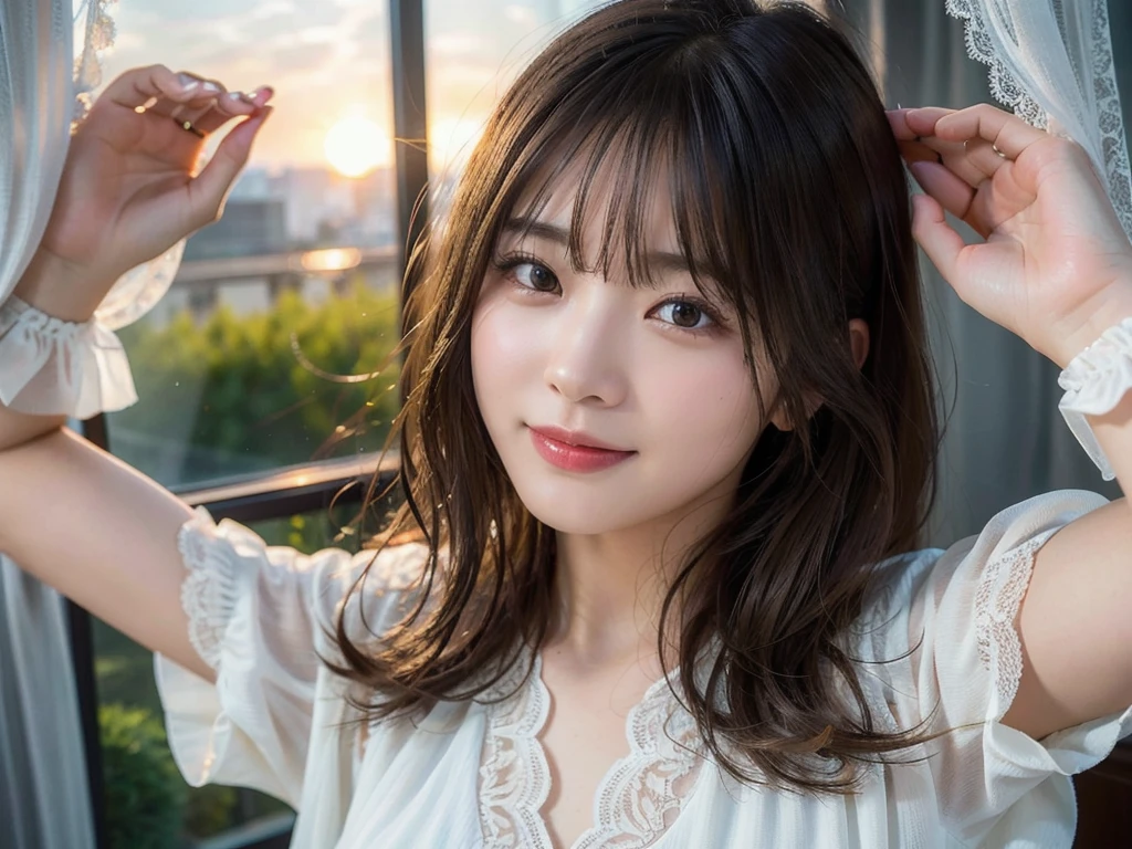 (Highest quality,masterpiece:1.3,超High resolution),(Very detailed,Caustics,8k),(Realistic:1.4,RAW shooting),Super detailed, 超High resolution, Large file size, Very detailed skin, Very detailed clothing, (photoRealistic:1.2), (Highest quality), (Detailed skin:1.3), (Intricate details), 18-year-old,Japanese,黒いLong Hair,耳前にLong Hair, (Long Hair:1.2), (Wavy Hair:1.2), (鈍いbangs:1.2), Chest-up shot,Ultra high definition 8K,Highest quality,Very detailedな,masterpiece,Realistic,Rich details,Photographic realism,Very detailedな環境,Very detailedな照明,Very detailedな詳細,,Detailed skinの質感,Scattered under the surface,(blush:0.5),Photographic works,A slightly sad expression,Beautiful, shining lips, Detailed face、 bangs, Hair between the eyes, (Tangled in lace curtains:1.5),Smiling and looking at the camera,Top view angle,,Natural light, masterpiece, Highest quality, High resolution, ,(Face Focus:1.1),(Face close-up:1.1),Sunset