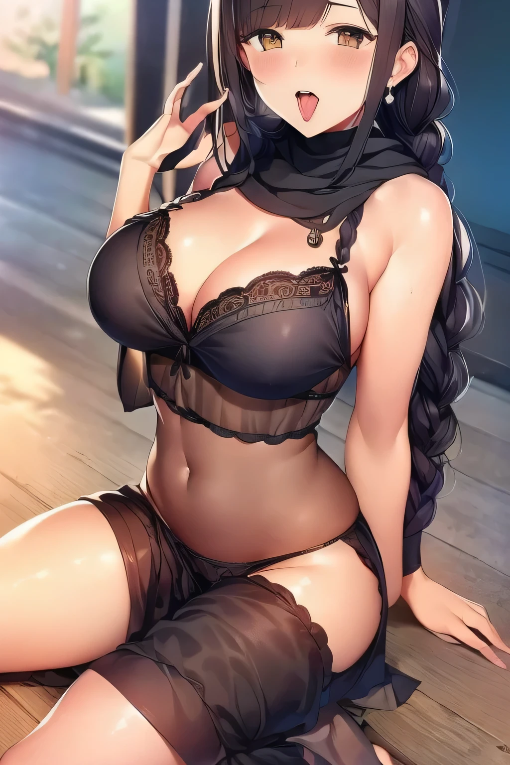beautiful young woman with long black hair in a french braid, wearing lingerie, wide open mouth, large breasts, earrings and jewelry, super curvy body, seductive,