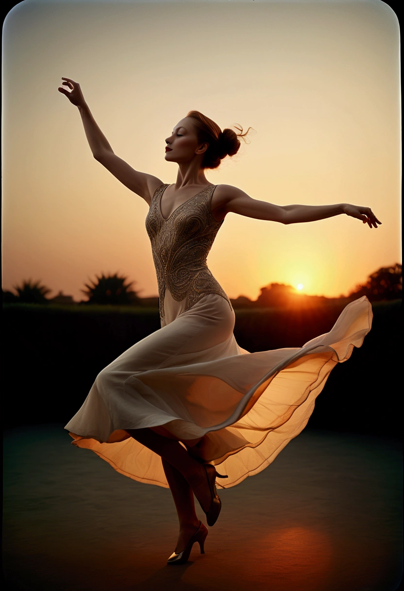 (Ultra-realistic Dancer), in the style of the 30s, sunset, in the style of instant film, llford HP5 Plus, color negative film, add noise, grain, captivating chiaroscuro, dynamic movement, (special effects:0.1), full body, award-winning, cinematic still, emotional, vignette, dynamic, vivid, (masterpiece, best quality, photorealistic, Professional, perfect composition, very aesthetic, absurdres, ultra-detailed, intricate details:1.3)