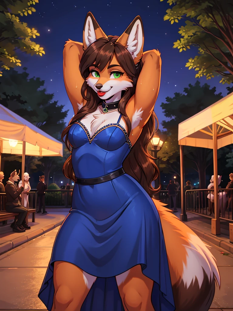 Best quality, furry male fox with green eyes, with brown long hair, with black spout, with red lipstick on lips, big lips, in a blue dress, crossdressing, smiles sweetly, shows off her hairy sweaty armpits, sexy pose, standing against the backdrop of a night park