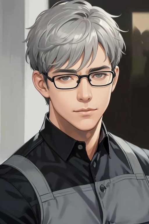 Masterpiece, best quality, realistic, 1 person, focus man, Highly muscular, handsome, cute, [Thick eyebrows], Portrait, Very detailed face, gray hair, (short hair) Bangs covering eyes, glasses on, eyes open and shyly looking at the camera.